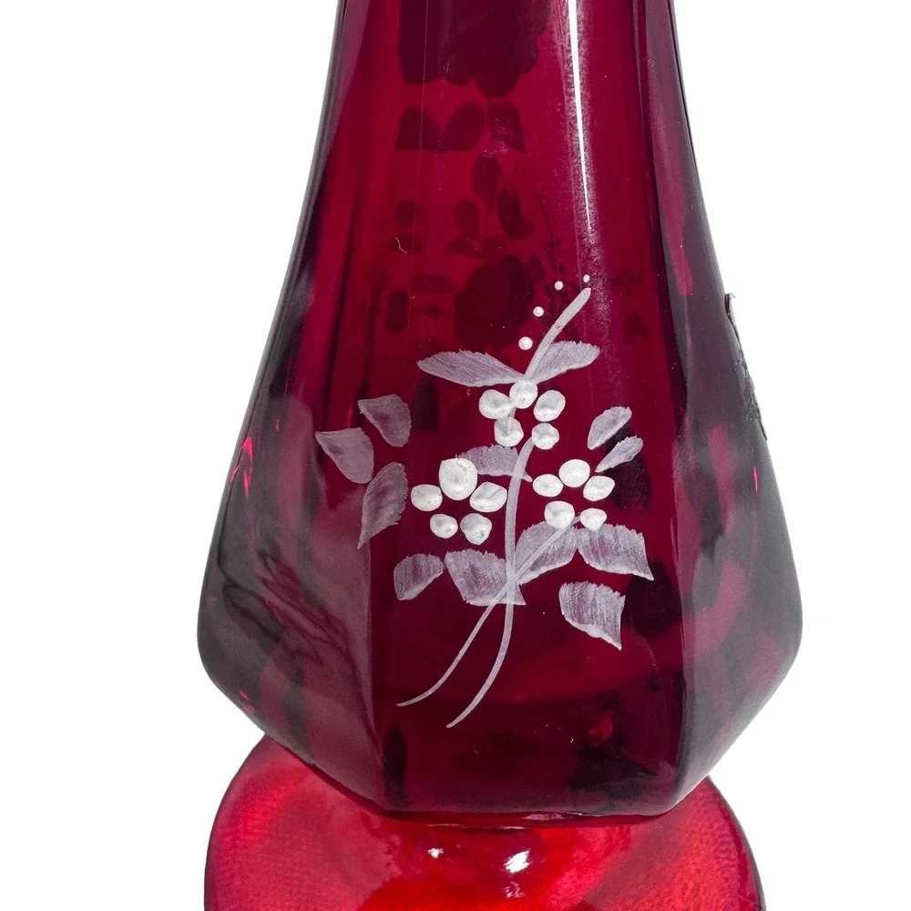 Vintage Fenton Ruby Red Glass Swung Bud Vase Hand Painted White Roses MCM 10in